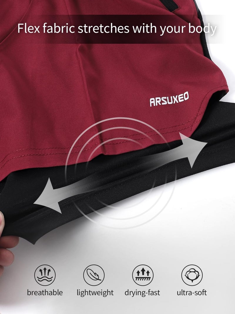 ARSUXEO Men's 2 in 1 Active Running Shorts with 2 Zipper Pockets B191 Red Size Large - Image 5