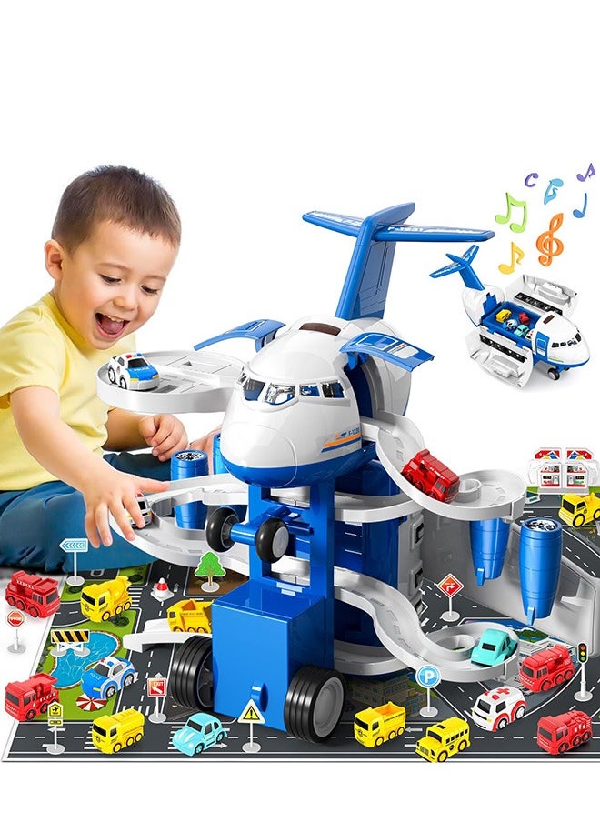 XiuWoo - Kids Airplane Toys Race Track Car Toys for 3 4 5 6 7 Boys, Transport Plane Adventure Car Toys, Garage Parking Lot Playmat, Birthday Gift for Boys & Girls - Image 1