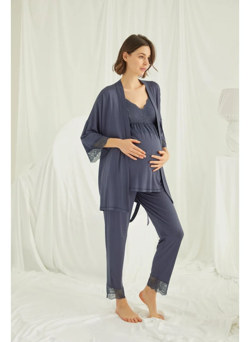 Monamise Women's Solid Color Lace Maternity 3-Piece Pajama Set