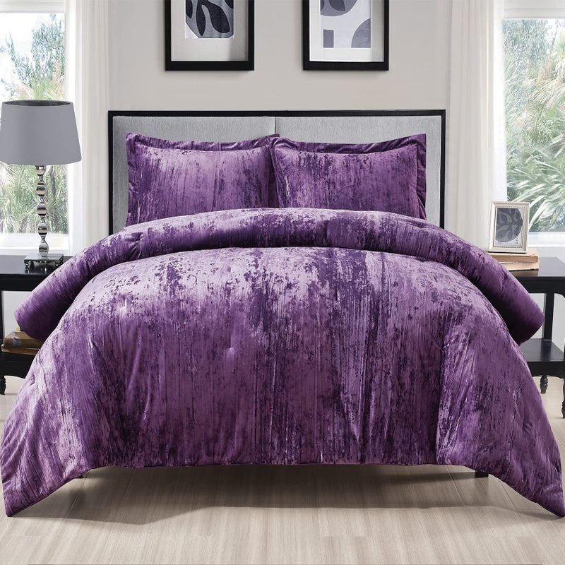 Fredsure Crinkle Velvet Comforter Set 3 Pieces Purple King Crinkle Velvet Face and Brushed Microfiber Reverse