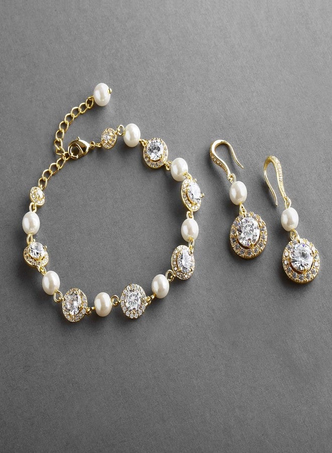 Mariell 14K Gold Plated Pearl Round CZ Bridal Bracelet & Earrings Set - Wedding Jewelry for Bridesmaids - Image 4