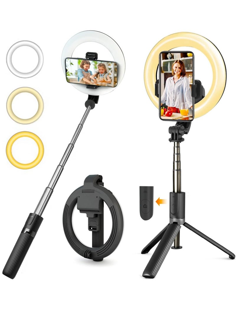 Selfie Stick with Ring Light, 2023 Model, 3 Color Modes, 9 Levels of Dimming, High Brightness, Tripod, Selfie Light, 360° x 220° Rotation, 5 Levels of Stretching, Auxiliary Light, Bluetooth Remo - Image 1