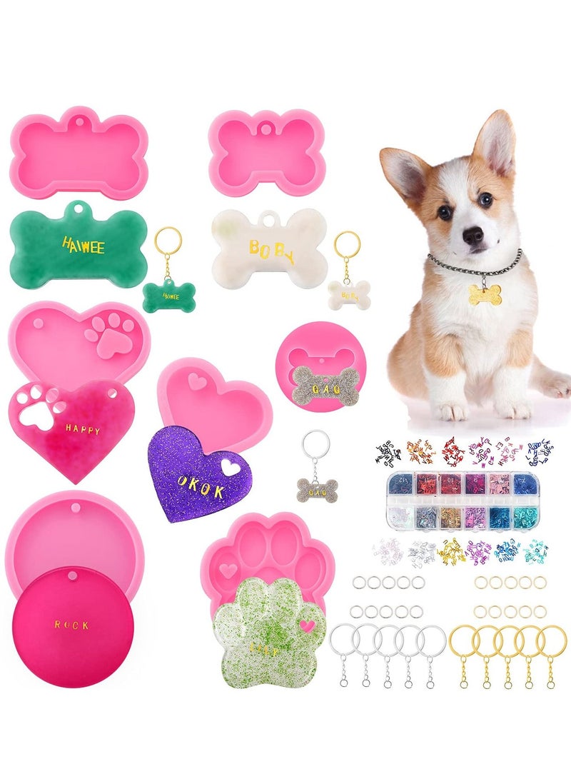 KASTWAVE Silicone Resin Molds Set Heart Cat Paw Mold Dog Tag Charm Resin Molds with 10Pcs Blank Keychains Small Letters DIY Crafts Making Keychain Molds Silicone Kit (7 pcs) - Image 1