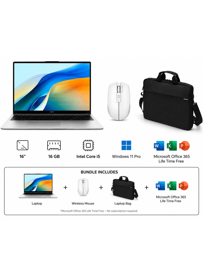 هواوي لابتوب MateBook D16 (الإصدار المحدث) مع شاشة 16 بوصة بدقة Full HD (1920x1080)، معالج Core i5-12450H/ذاكرة RAM سعة 16GB DDR5/قرص SSD سعة 512GB/نظام Windows 11 Pro + Microsoft Office + حقيبة Dicota وفأرة - Image 1