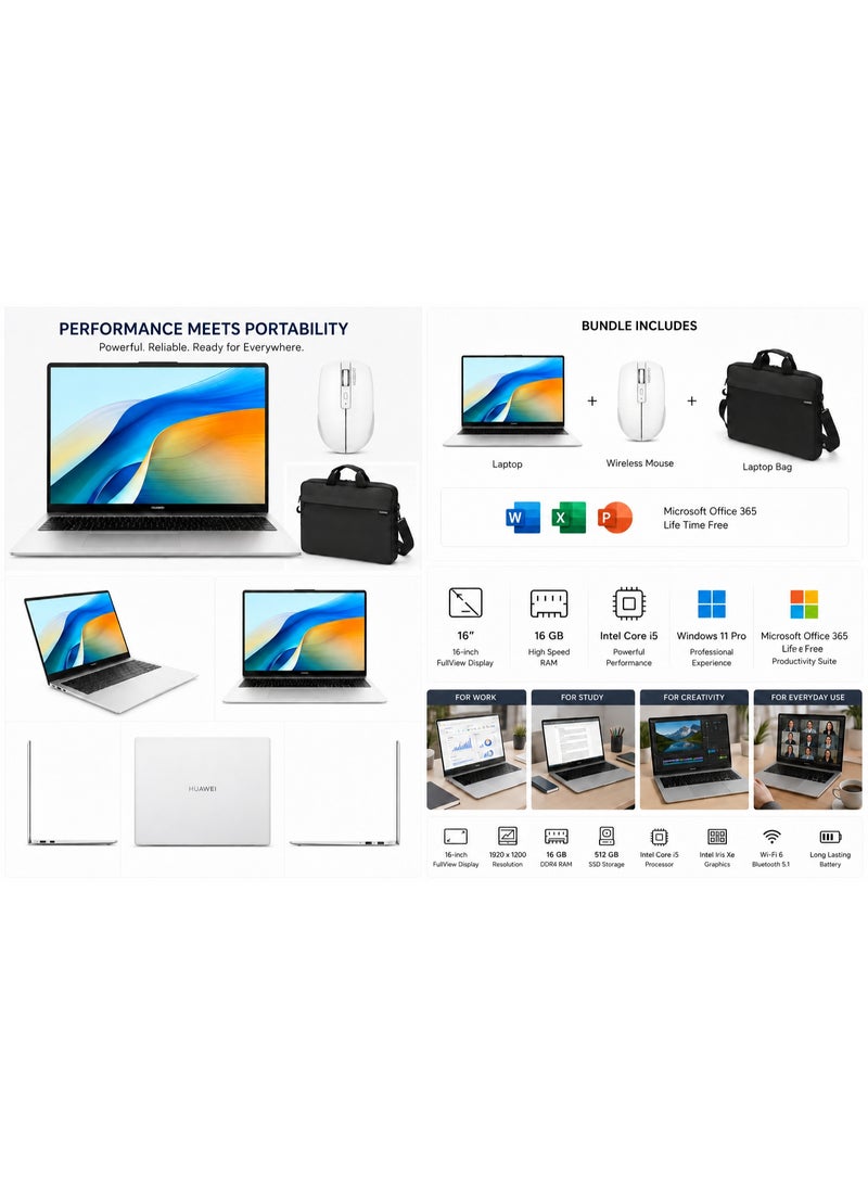 هواوي لابتوب MateBook D16 (الإصدار المحدث) مع شاشة 16 بوصة بدقة Full HD (1920x1080)، معالج Core i5-12450H/ذاكرة RAM سعة 16GB DDR5/قرص SSD سعة 512GB/نظام Windows 11 Pro + Microsoft Office + حقيبة Dicota وفأرة - Image 2