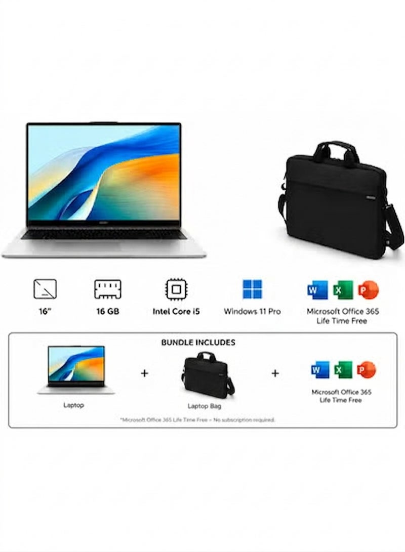 هواوي لابتوب MateBook D16 (الإصدار المحدث) مع شاشة 16 بوصة بدقة Full HD (1920x1080)، معالج Core i5-12450H/ذاكرة RAM سعة 16GB DDR5/قرص SSD سعة 512GB/نظام Windows 11 Pro + Microsoft Office + حقيبة Dicota وفأرة - Image 1