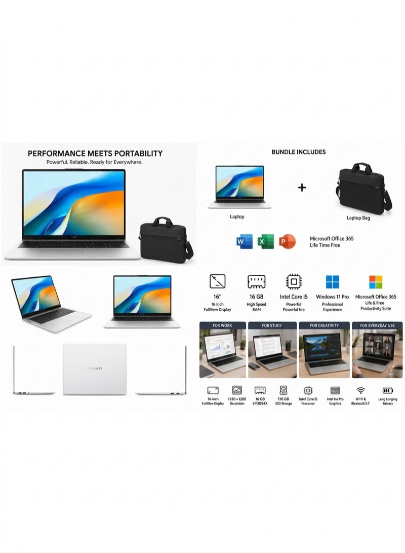 هواوي لابتوب MateBook D16 (الإصدار المحدث) مع شاشة 16 بوصة بدقة Full HD (1920x1080)، معالج Core i5-12450H/ذاكرة RAM سعة 16GB DDR5/قرص SSD سعة 512GB/نظام Windows 11 Pro + Microsoft Office + حقيبة Dicota وفأرة - Image 2