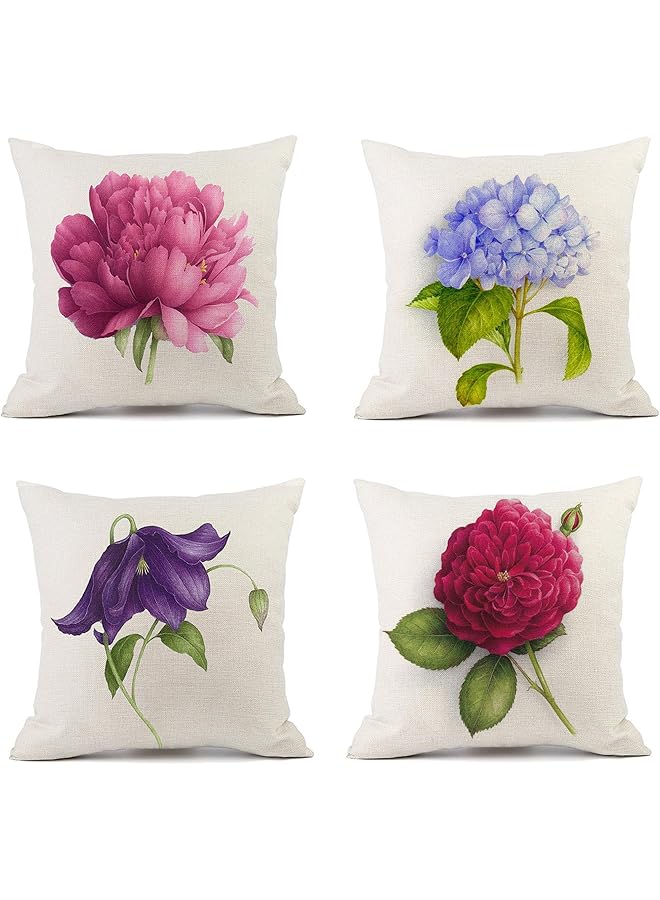 The Bros 4 Pack Throw Pillow Covers 45x45cm Cotton Linen Floral Decorative Cushion Flower Pillow Cases for Couch Sofa Chair Bedroom Home Decor Assorted Color - Image 1