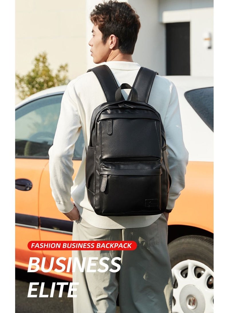RAHALA RL-1811-112 15.6-Inch Casual Multi-Pockets Leather Unisex Backpack Bag, Black  - Image 2