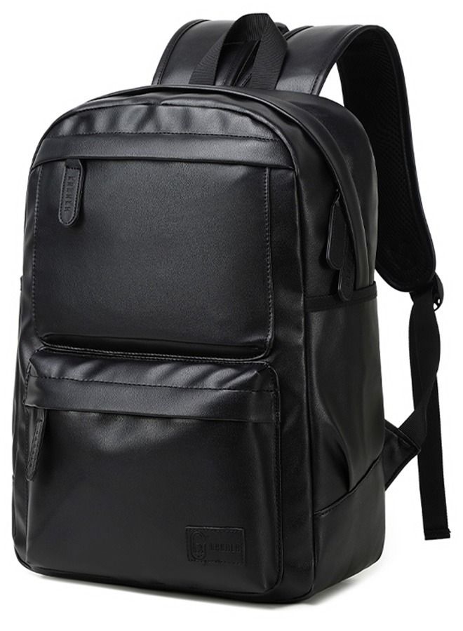 RAHALA RL-1811-112 15.6-Inch Casual Multi-Pockets Leather Unisex Backpack Bag, Black  - Image 1