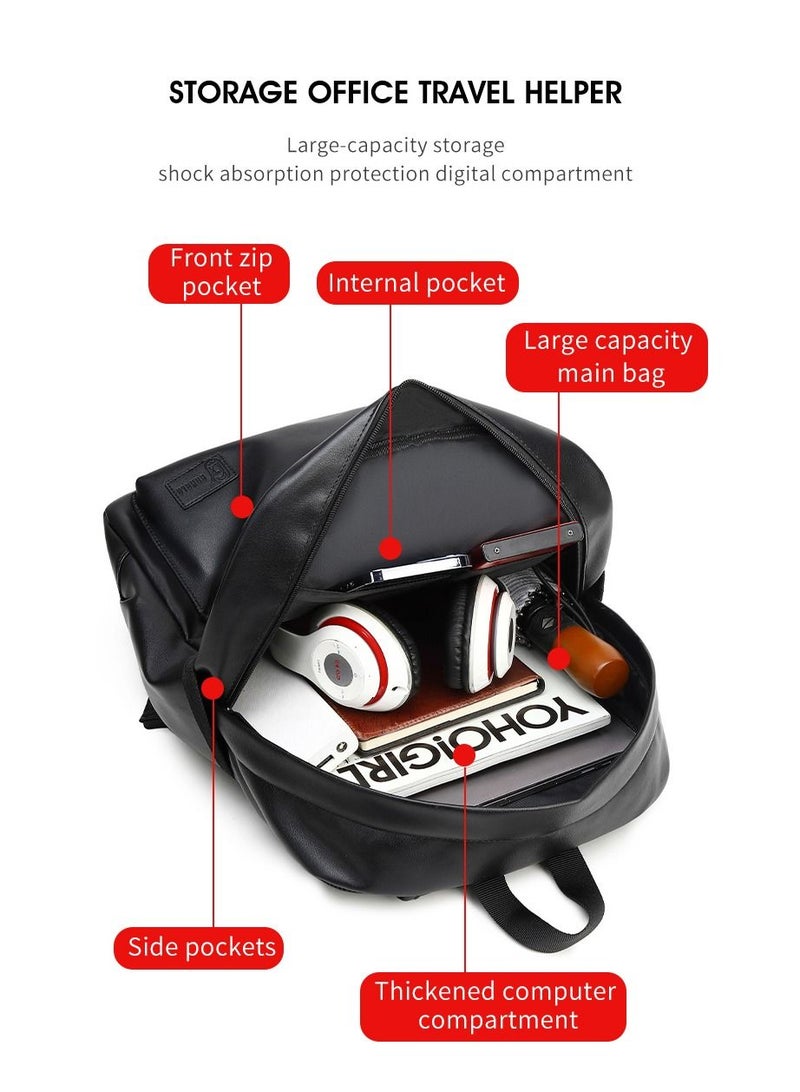 RAHALA RL-1811-112 15.6-Inch Casual Multi-Pockets Leather Unisex Backpack Bag, Black  - Image 4