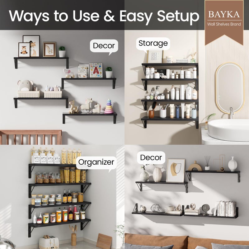 BAYKA Wall Mounted Floating Shelves, Wood Floating Wall Shelf for Books & Decor, Small Space-Saving Display & Organizerï¼ˆBlackï¼Œ23inï¼ŒSet of 4ï¼‰ - Image 3