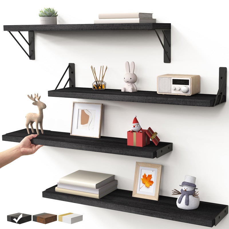BAYKA Wall Mounted Floating Shelves, Wood Floating Wall Shelf for Books & Decor, Small Space-Saving Display & Organizerï¼ˆBlackï¼Œ23inï¼ŒSet of 4ï¼‰ - Image 1