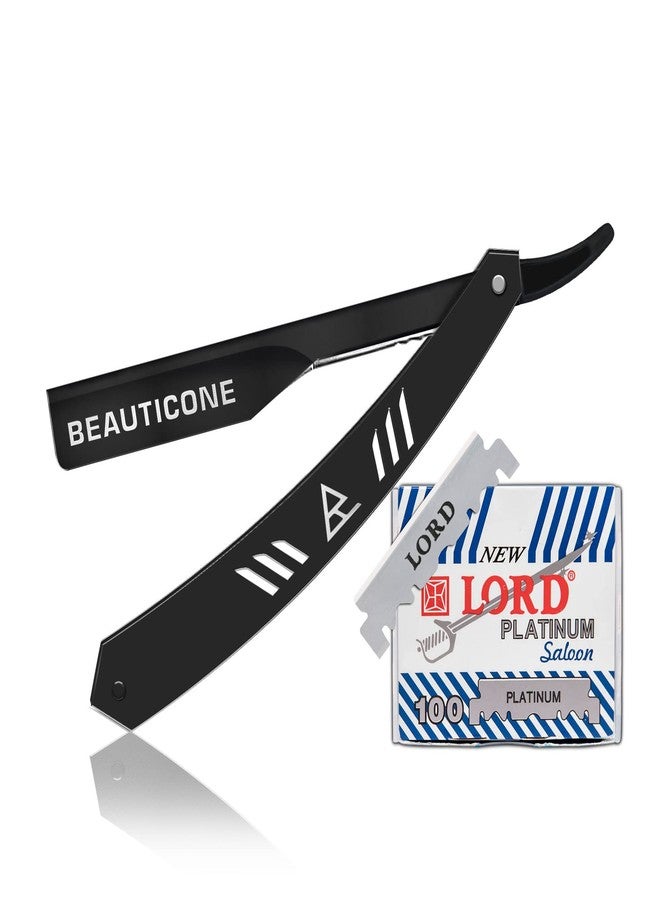 BEAUTICONE Straight Razor for Men, Professional Barber Razor with 100 Single Edge Blades (Black Slide Out) - Image 1