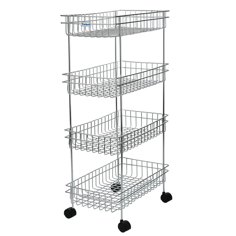 Tinbell Stainless Steel Trolley for Storage Fruits and Vegetables Basket Holder Stand for Kitchen Multipurpose Kitchen Storage Shelf with Wheels 4 Shelf