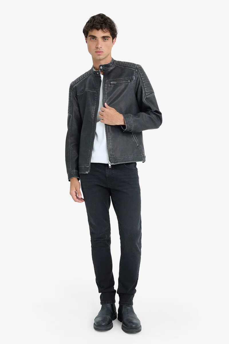 ديفاكتو Slim Fit High Neck Zippered Faux Leather Jacket