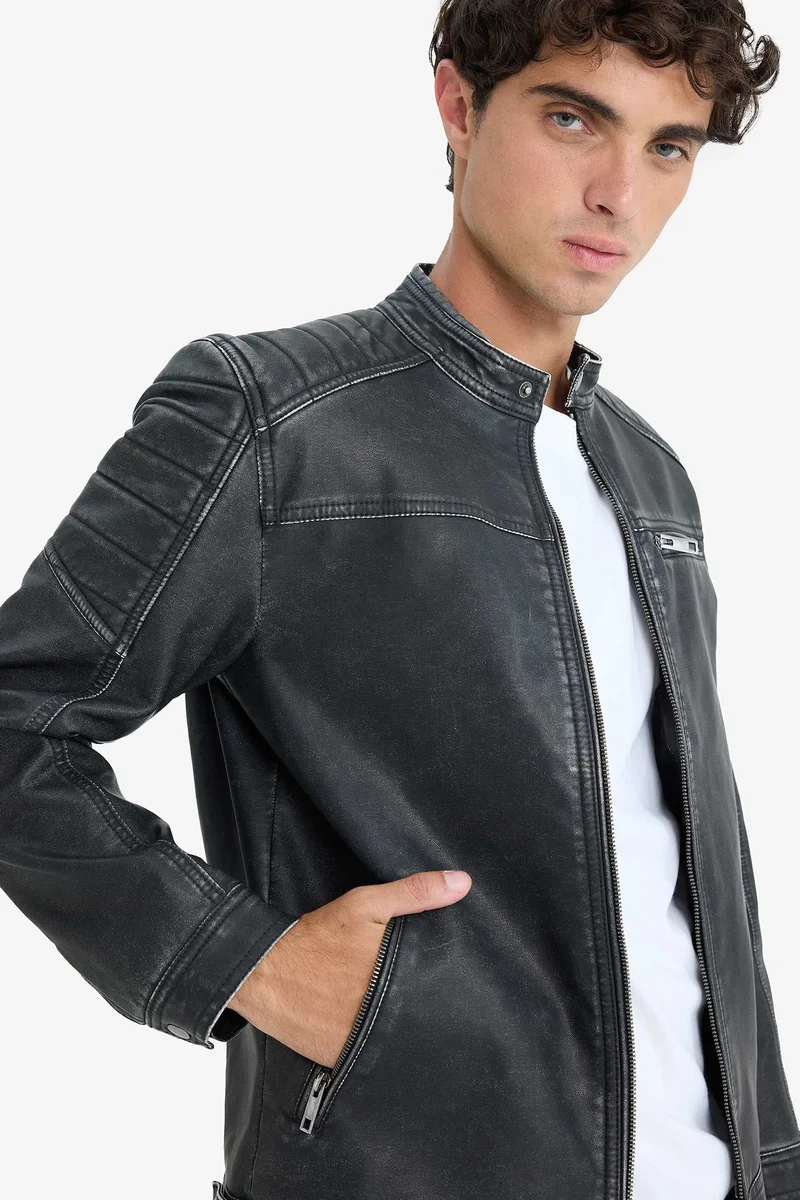 ديفاكتو Slim Fit High Neck Zippered Faux Leather Jacket