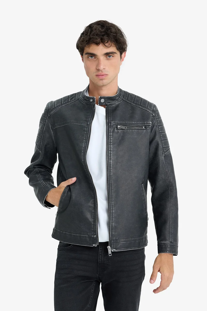 Defacto  Slim Fit High Neck Zippered Faux Leather Jacket for Men | Best Price UAE