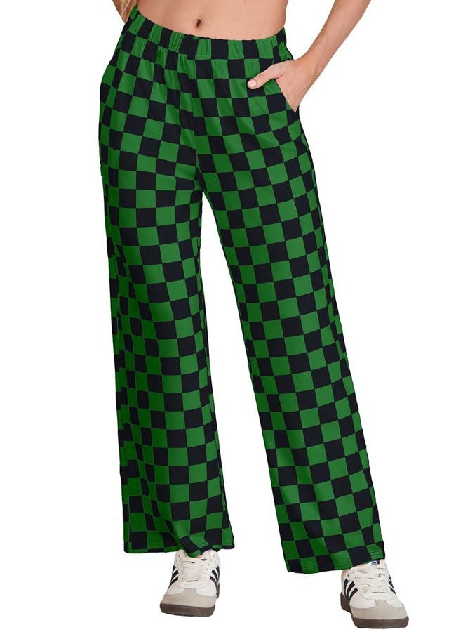 IWOLLENCE Women's Casual Loose Checkered Wide Leg Pants High Waist Straight Lounge Y2K Gingham Trousers Fall, C-black Green, M - Image 2