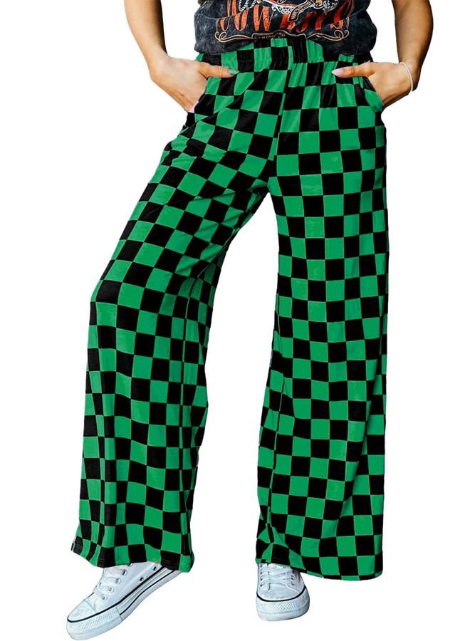 IWOLLENCE Women's Casual Loose Checkered Wide Leg Pants High Waist Straight Lounge Y2K Gingham Trousers Fall, C-black Green, M - Image 1