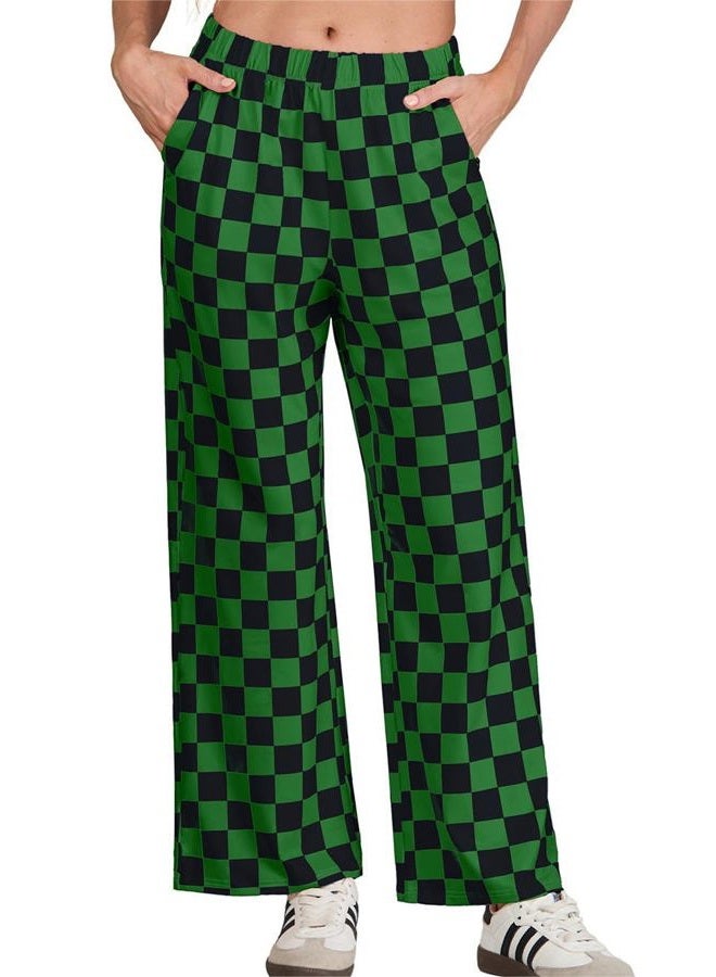 IWOLLENCE Women's Casual Loose Checkered Wide Leg Pants High Waist Straight Lounge Y2K Gingham Trousers Fall, C-black Green, M - Image 3