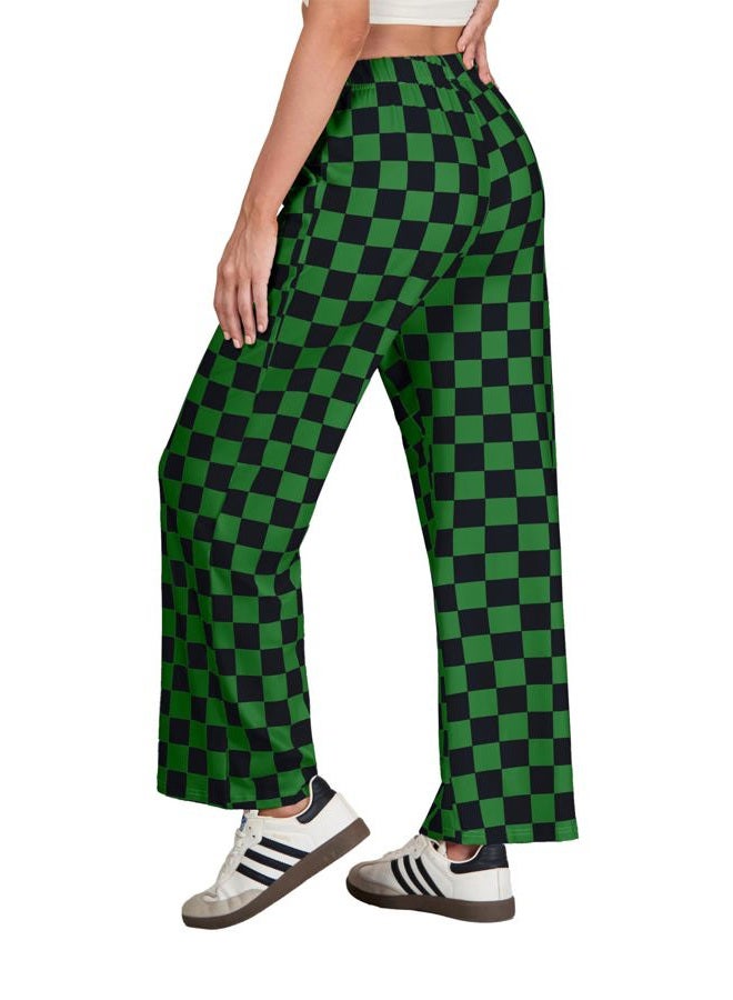 IWOLLENCE Women's Casual Loose Checkered Wide Leg Pants High Waist Straight Lounge Y2K Gingham Trousers Fall, C-black Green, M - Image 4