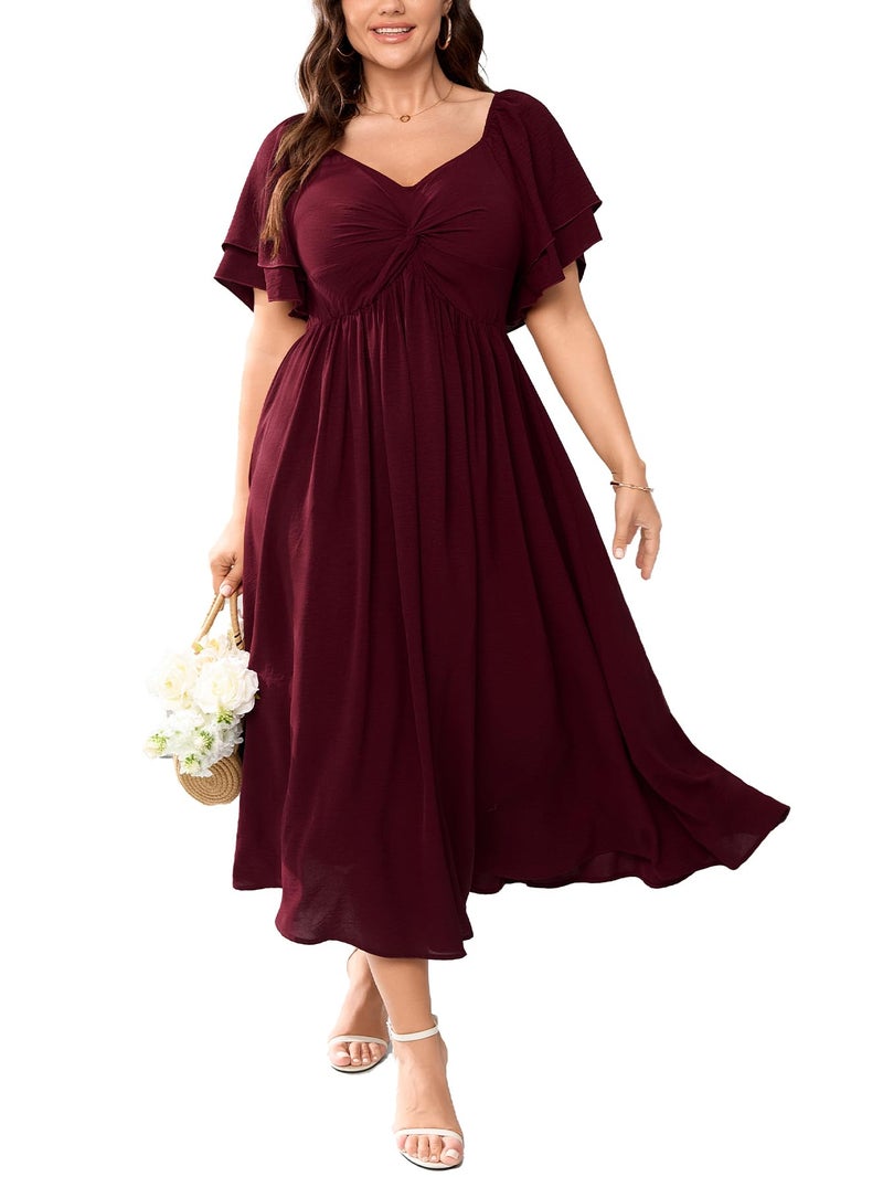 SCOMCHIC Women's Plus Size Wedding Guest Cocktail Dresses Sweetheart Neckline Ruffle Sleeve A Line Maxi Dress Burgundy - Image 1