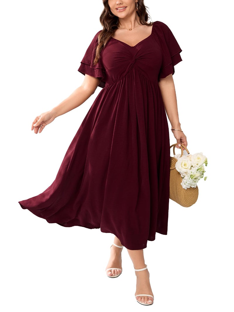 SCOMCHIC Women's Plus Size Wedding Guest Cocktail Dresses Sweetheart Neckline Ruffle Sleeve A Line Maxi Dress Burgundy - Image 2