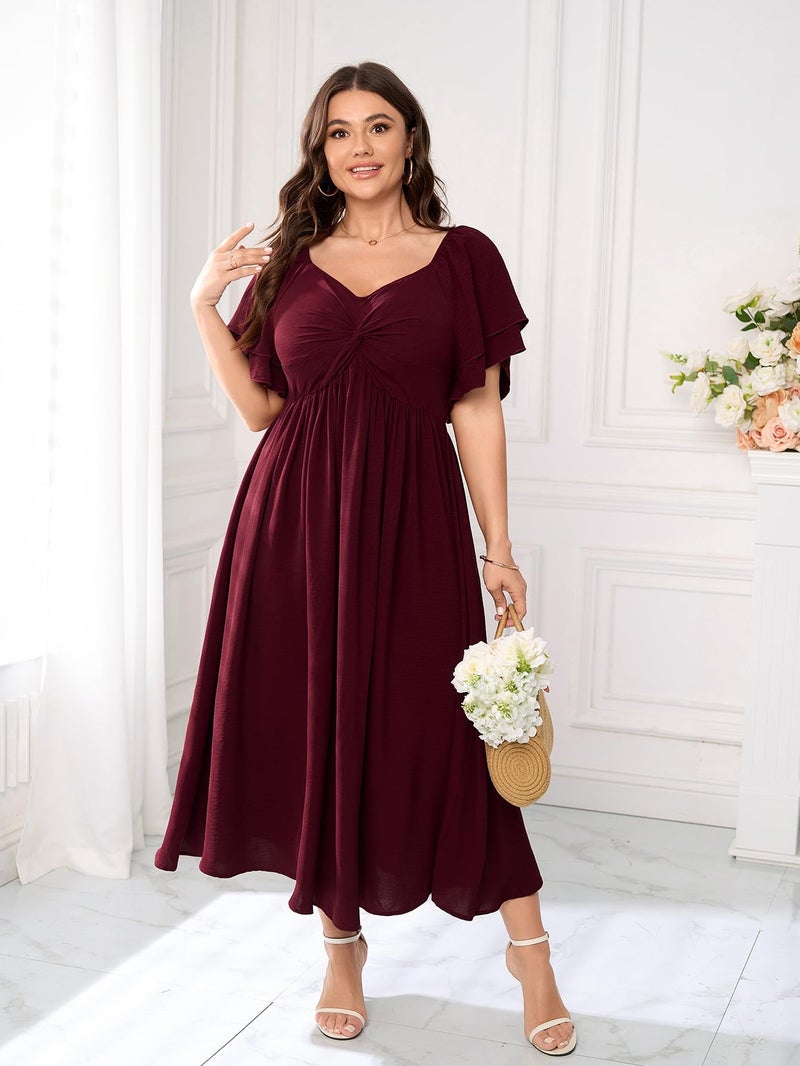 SCOMCHIC Women's Plus Size Wedding Guest Cocktail Dresses Sweetheart Neckline Ruffle Sleeve A Line Maxi Dress Burgundy - Image 4