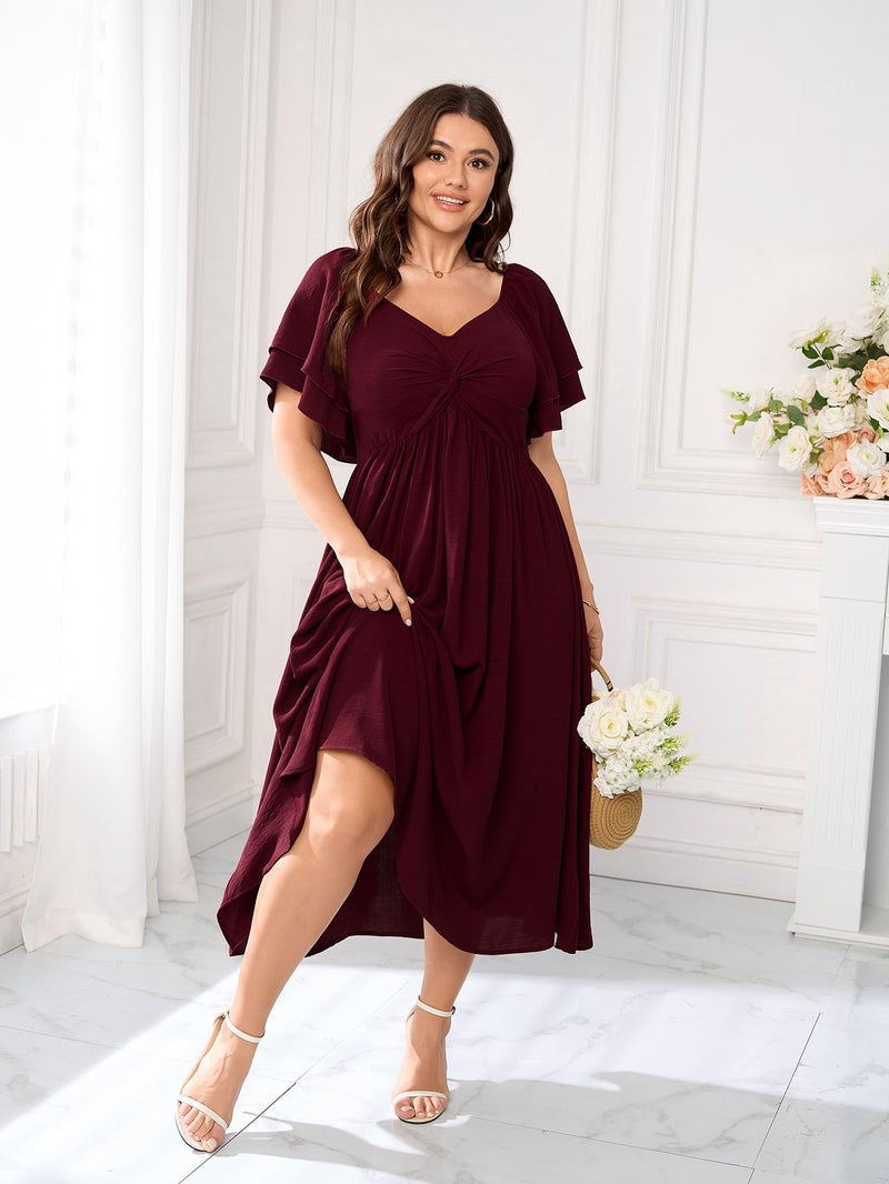 SCOMCHIC Women's Plus Size Wedding Guest Cocktail Dresses Sweetheart Neckline Ruffle Sleeve A Line Maxi Dress Burgundy - Image 3