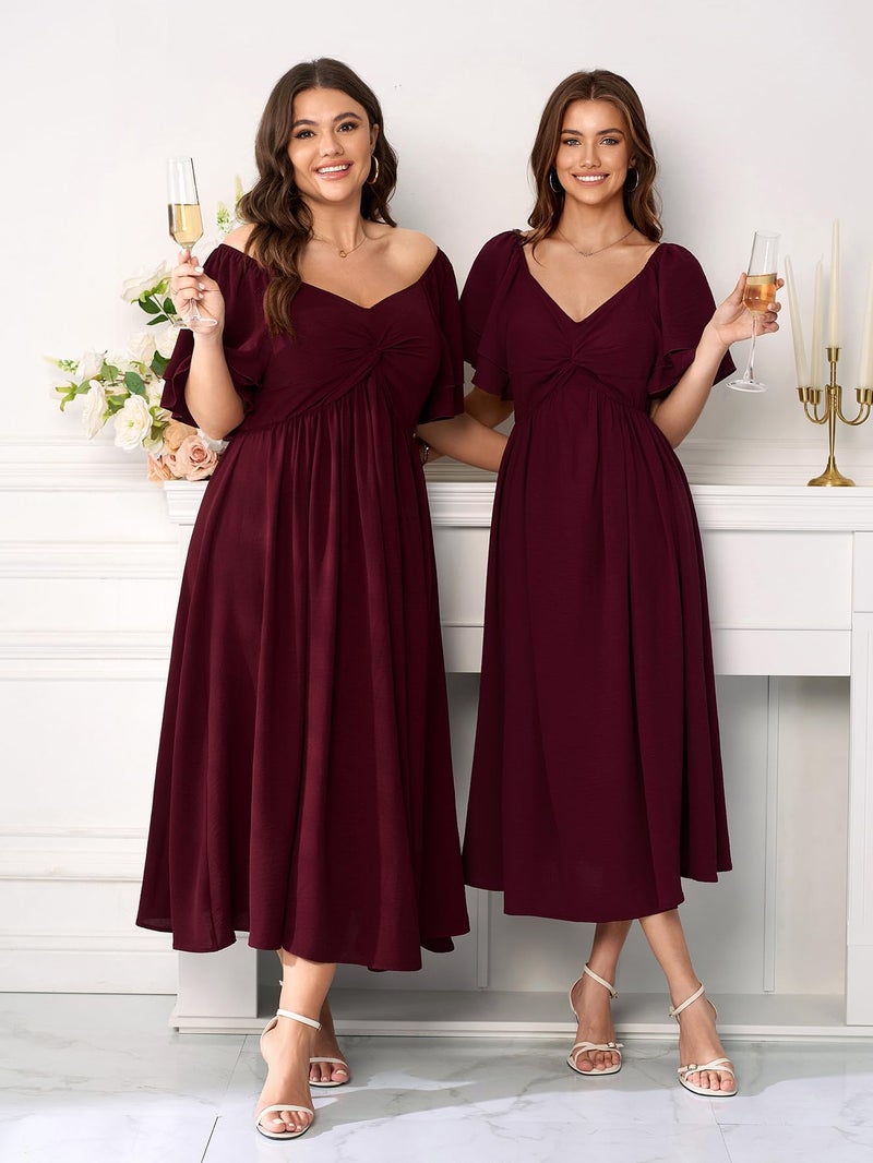 SCOMCHIC Women's Plus Size Wedding Guest Cocktail Dresses Sweetheart Neckline Ruffle Sleeve A Line Maxi Dress Burgundy - Image 5