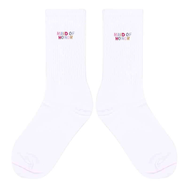 VOHIRO Maid of Honor Socks Bridesmaid Proposal Gift from the Bride White Embroidered Wedding Day Socks (1 Pair). - Image 2