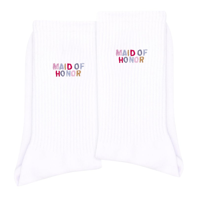 VOHIRO Maid of Honor Socks Bridesmaid Proposal Gift from the Bride White Embroidered Wedding Day Socks (1 Pair). - Image 1