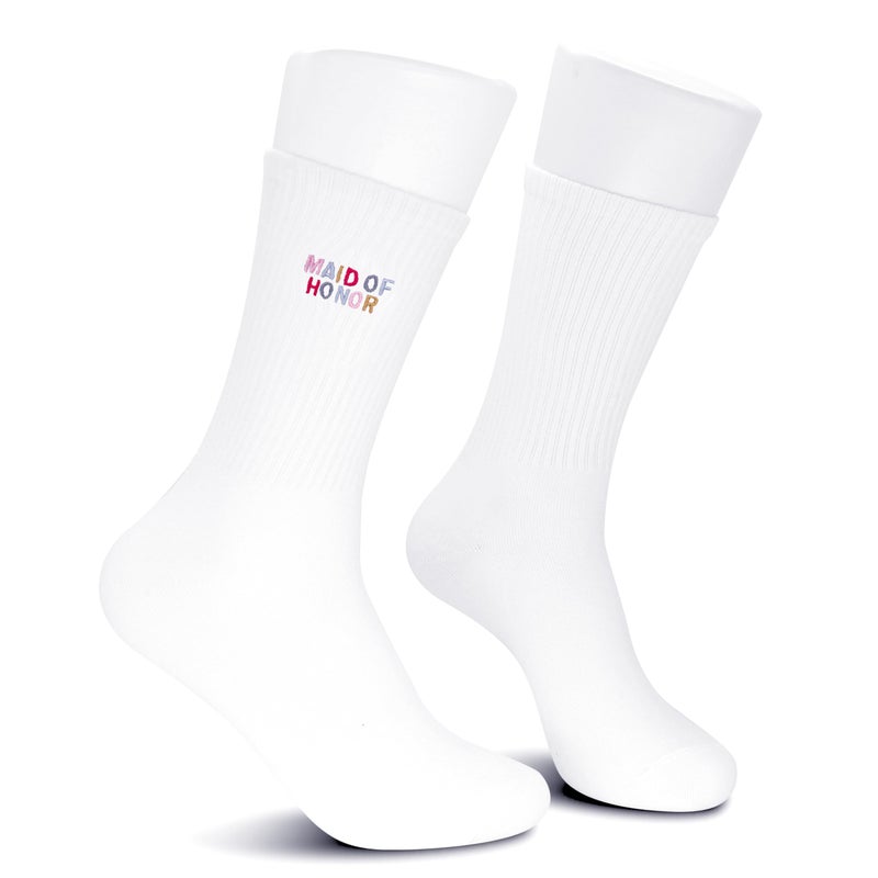 VOHIRO Maid of Honor Socks Bridesmaid Proposal Gift from the Bride White Embroidered Wedding Day Socks (1 Pair). - Image 3