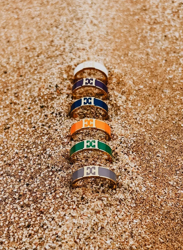 ESCADA Scarlett Gold Plated Ring with Logo Cutout and Orange Enamel Detail