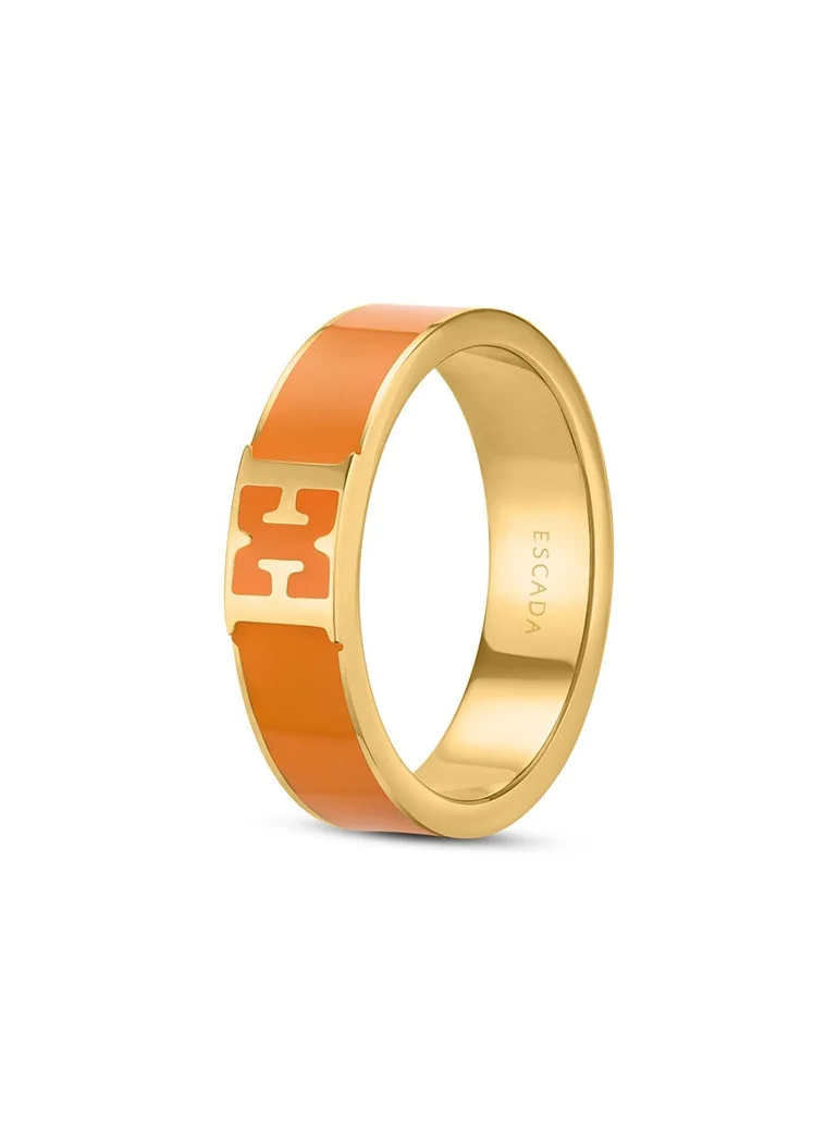 ESCADA Scarlett Gold Plated Ring with Logo Cutout and Orange Enamel Detail