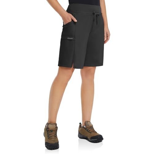 baleaf Women's Hiking Long Shorts 9" Quick Dry Hiking Bermuda Cargo for Curvy Lightweight Knee Length Shorts Pockets Black Size L - Image 2