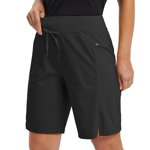 baleaf Women's Hiking Long Shorts 9" Quick Dry Hiking Bermuda Cargo for Curvy Lightweight Knee Length Shorts Pockets Black Size L - Image 1