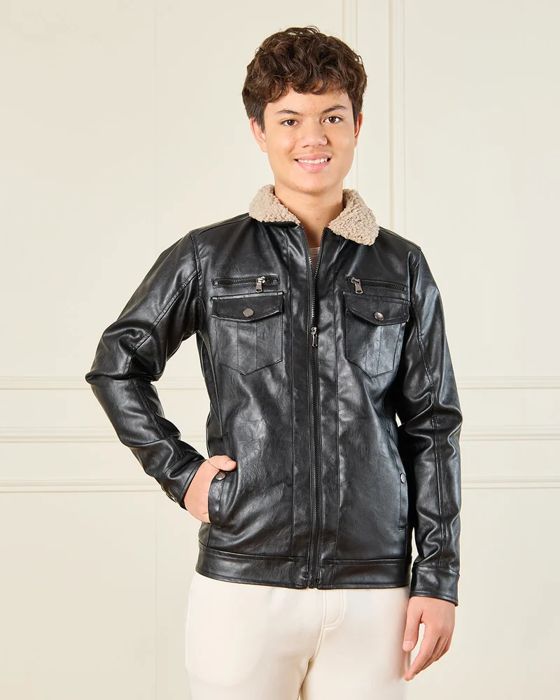Redtag Senior Boys Black Jacket With Sherpa Lining