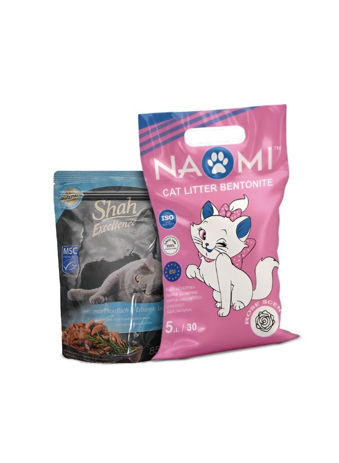 شاه طعام شاه إكسيلانس الرطب للقطط في صلصة 85 جم + رمل نعومي للقطط برائحة الورد 5 لترات - Image 2