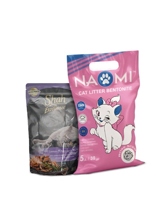 شاه طعام شاه إكسيلانس الرطب للقطط في صلصة 85 جم + رمل نعومي للقطط برائحة الورد 5 لترات - Image 3