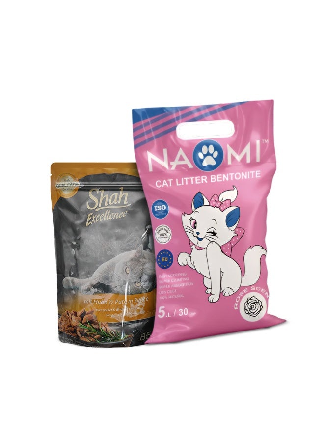 شاه طعام شاه إكسيلانس الرطب للقطط في صلصة 85 جم + رمل نعومي للقطط برائحة الورد 5 لترات - Image 1