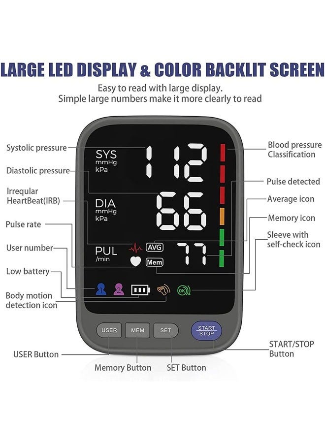 Hihonor Blood Pressure Monitor, LED Color Backlit Screen Automatic Digital Blood Pressure Monitor, Irregular Heartbeat Detection, 2 x 120 Sets Memory BP Monitor for Home Usemory BP Monitor for Home Use - Image 4