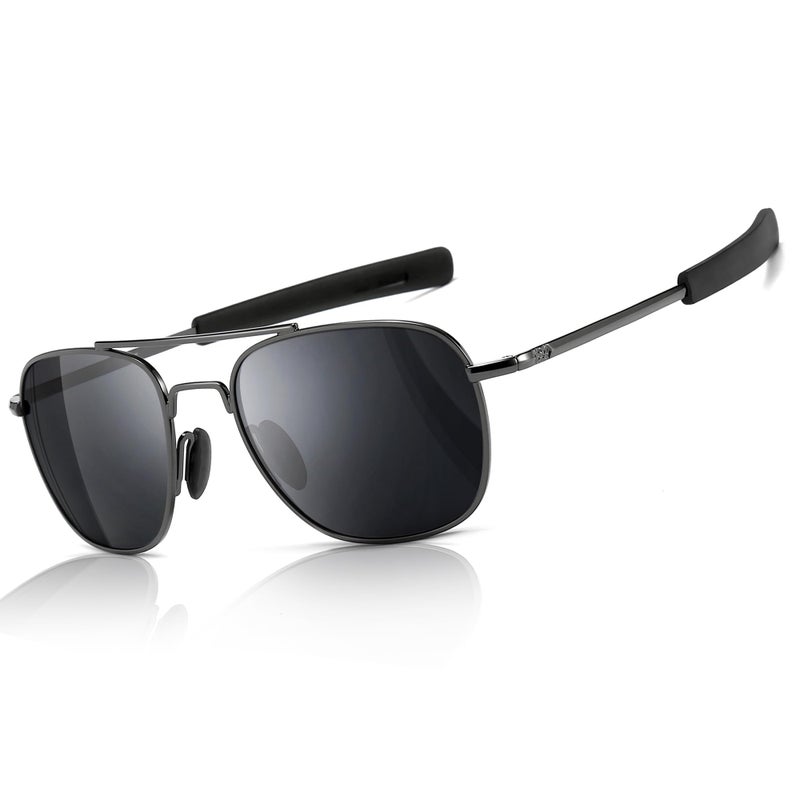 SUNGAIT Men's Military Style Polarized Pilot Aviator Sunglasses - Bayonet Temples (Gunmetal Frame/Gray Lens, 55) A285QKHU - Image 1