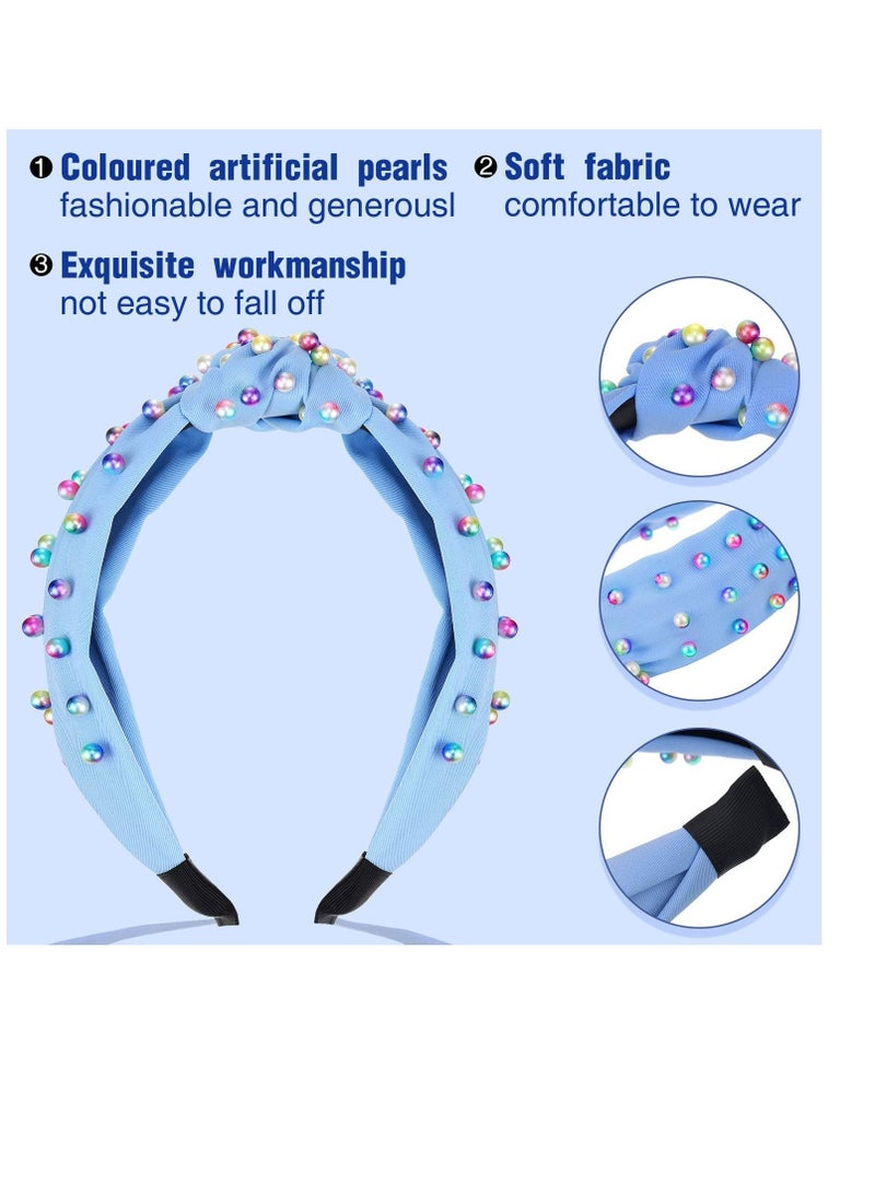 Excefore 2 Pack  Headbands for Women, Jeweled Headband, Pearl Knotted Girls Headband, Comfort Fit for All Day Wear, Fashion Hair accessories for Girls (Pink, Blue) - Image 3