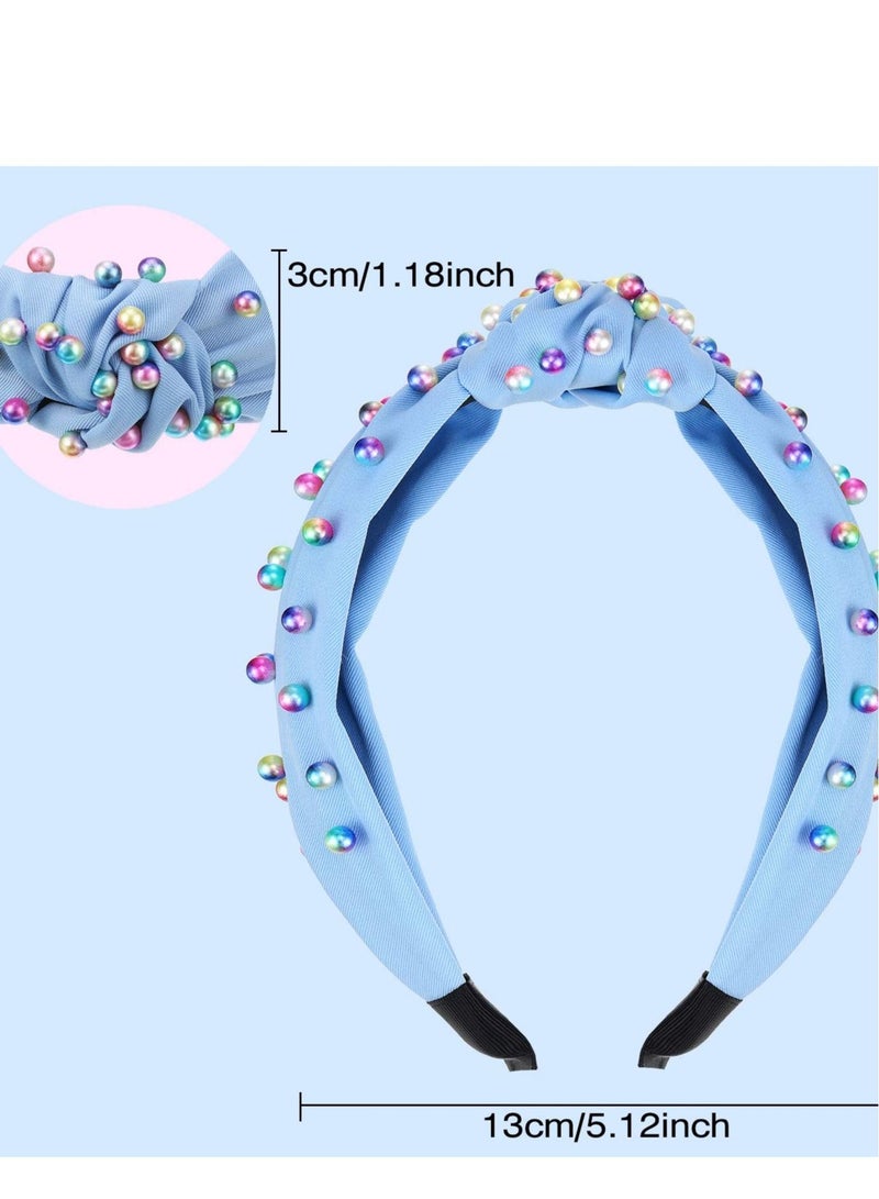 Excefore 2 Pack  Headbands for Women, Jeweled Headband, Pearl Knotted Girls Headband, Comfort Fit for All Day Wear, Fashion Hair accessories for Girls (Pink, Blue) - Image 2