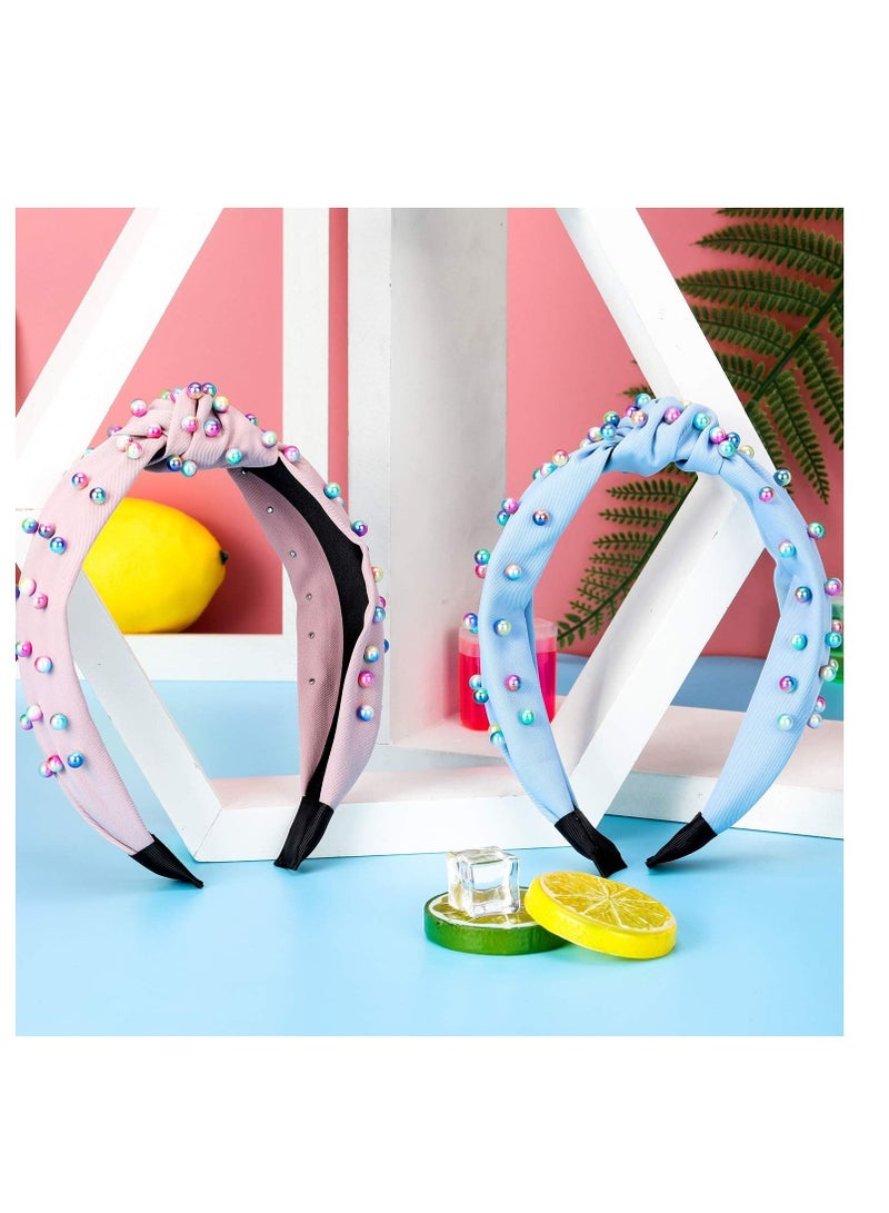 Excefore 2 Pack  Headbands for Women, Jeweled Headband, Pearl Knotted Girls Headband, Comfort Fit for All Day Wear, Fashion Hair accessories for Girls (Pink, Blue) - Image 4