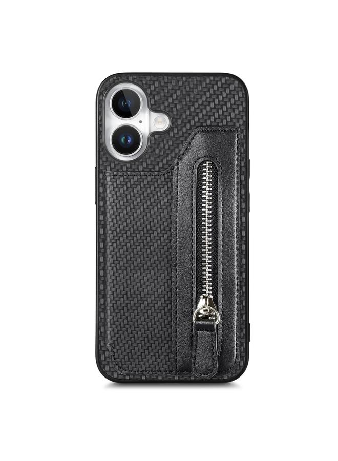 S-TOP Case For iPhone 16 Carbon Fiber Horizontal Flip Zipper Wallet Phone Case - Image 1