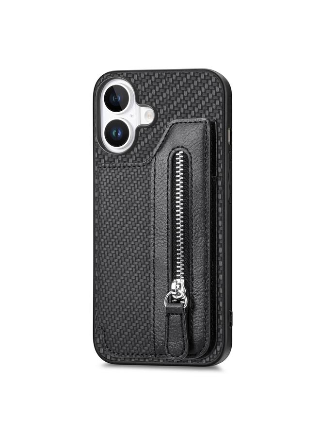 S-TOP Case For iPhone 16 Carbon Fiber Horizontal Flip Zipper Wallet Phone Case - Image 2