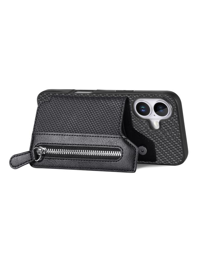 S-TOP Case For iPhone 16 Carbon Fiber Horizontal Flip Zipper Wallet Phone Case - Image 3